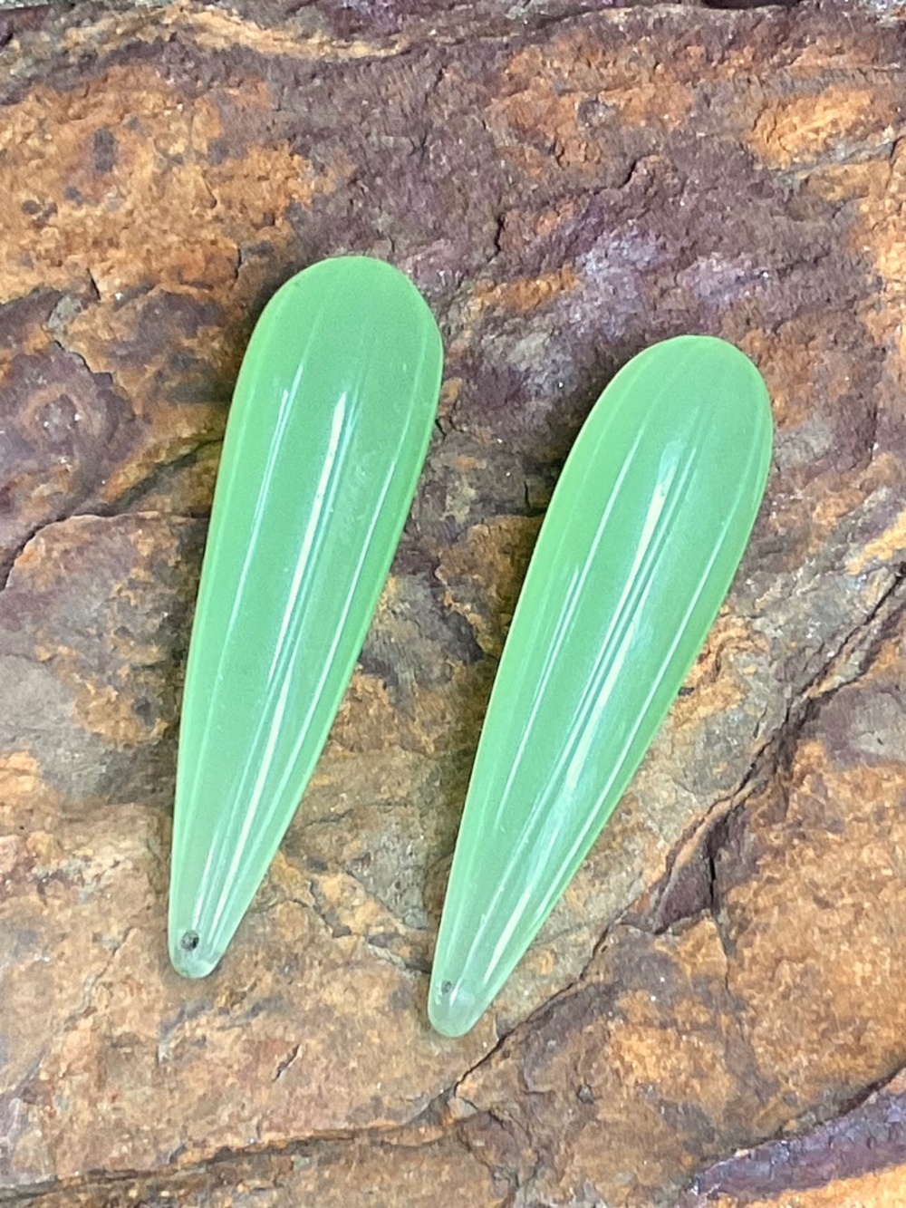 Matched Set of 2 Green Chalcedony Briolette Beads, NWT, 35x10mm, Drilled